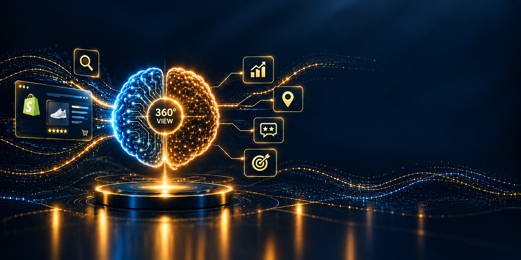 CortLogic 360° ecommerce intelligence brain connecting your Shopify store with search, growth, location, reviews and targeting